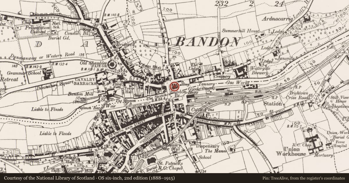 Ordnance Survey six-inch map, 2nd edition (1888–1915) covering the location of Church, Knockbrogan, County Cork, with a pin at the register's coordinates