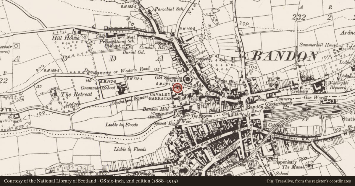 Ordnance Survey six-inch map, 2nd edition (1888–1915) covering the location of Barracks, Coolfadda, County Cork, with a pin at the register's coordinates