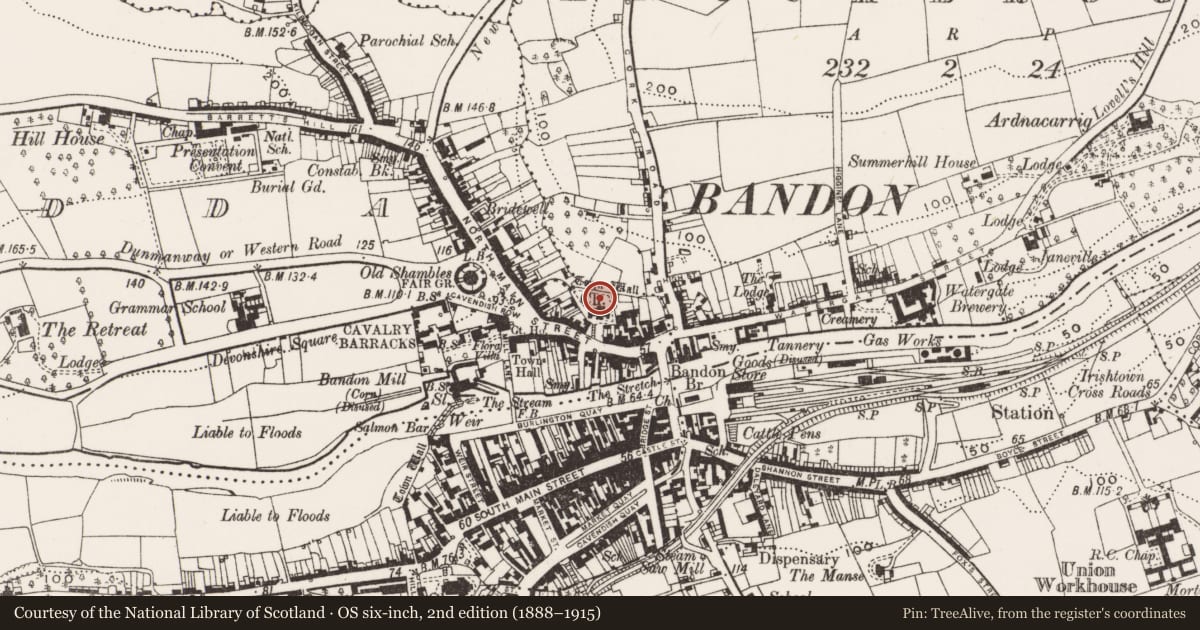Ordnance Survey six-inch map, 2nd edition (1888–1915) covering the location of Earthwork, Coolfadda, County Cork, with a pin at the register's coordinates