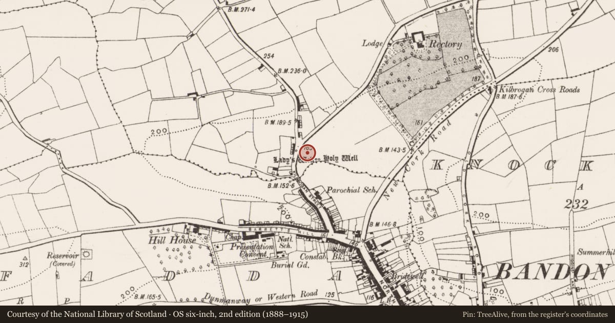 Ordnance Survey six-inch map, 2nd edition (1888–1915) covering the location of Church, Kilbrogan, County Cork, with a pin at the register's coordinates