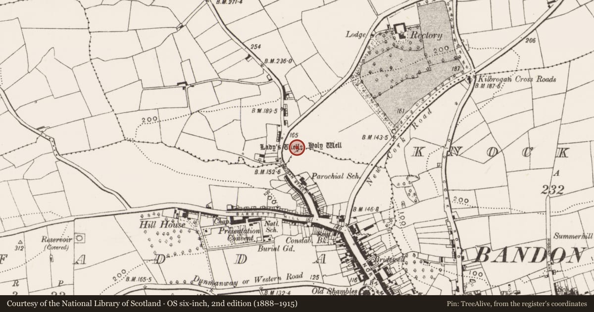 Ordnance Survey six-inch map, 2nd edition (1888–1915) covering the location of Ritual site - holy well, Kilbrogan, County Cork, with a pin at the register's coordinates
