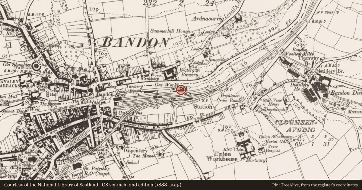 Ordnance Survey six-inch map, 2nd edition (1888–1915) covering the location of Gasworks, Cloghmacsimon, County Cork, with a pin at the register's coordinates