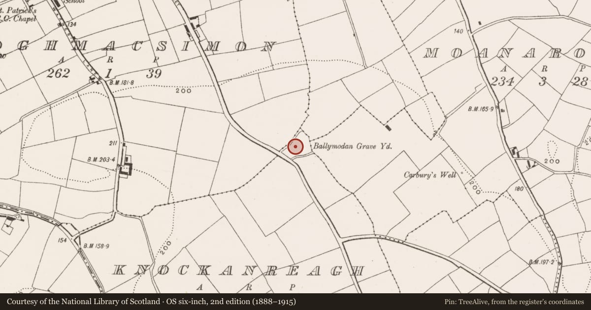 Ordnance Survey six-inch map, 2nd edition (1888–1915) covering the location of Ecclesiastical enclosure, County Cork, with a pin at the register's coordinates