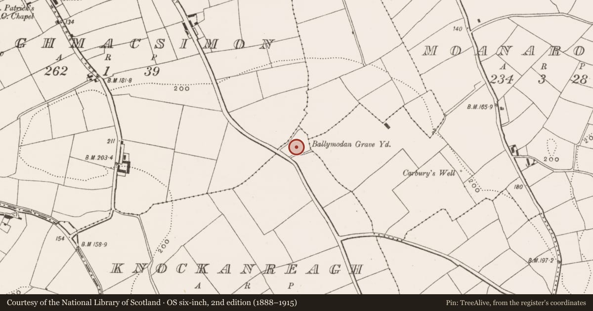 Ordnance Survey six-inch map, 2nd edition (1888–1915) covering the location of Graveyard, Knockanreagh, County Cork, with a pin at the register's coordinates