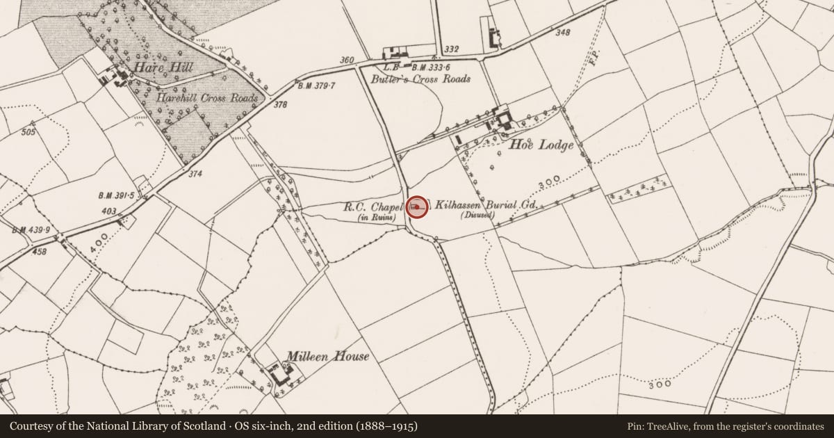 Ordnance Survey six-inch map, 2nd edition (1888–1915) covering the location of Burial ground, Knockaveale, County Cork, with a pin at the register's coordinates