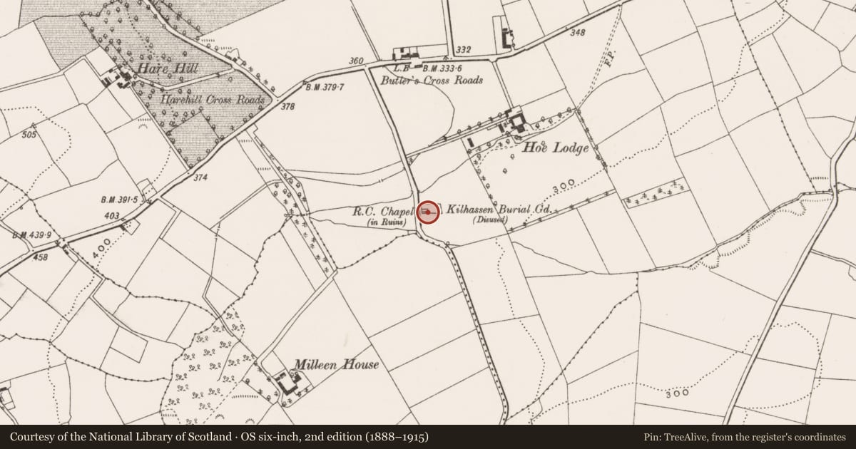 Ordnance Survey six-inch map, 2nd edition (1888–1915) covering the location of Church, Knockaveale, County Cork, with a pin at the register's coordinates