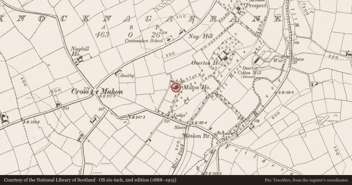 Ordnance Survey six-inch map, 2nd edition (1888–1915) covering the location of Country house, Knocknagarrane, County Cork, with a pin at the register's coordinates