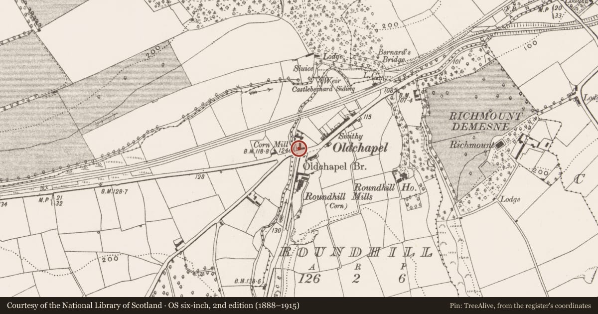 Ordnance Survey six-inch map, 2nd edition (1888–1915) covering the location of Church, Roundhill, County Cork, with a pin at the register's coordinates