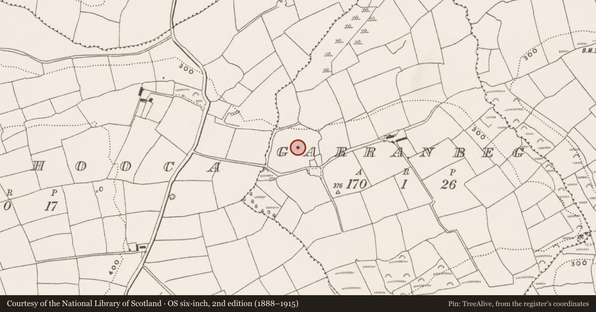Ordnance Survey six-inch map, 2nd edition (1888–1915) covering the location of Fulacht fia, Garranbeg, County Cork, with a pin at the register's coordinates