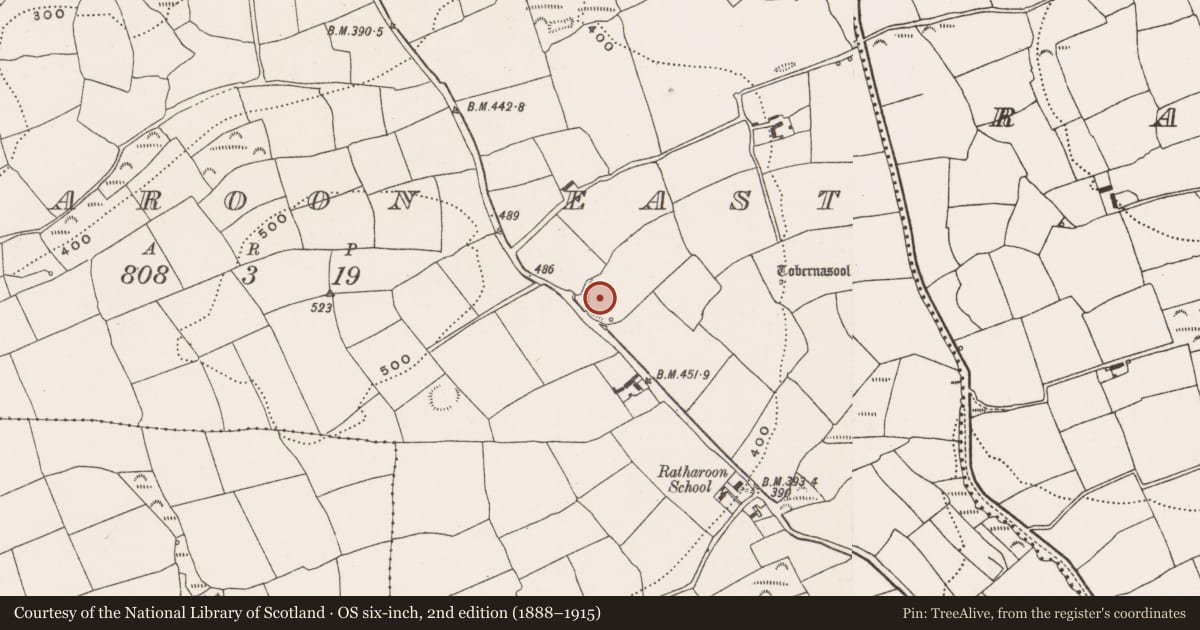 Ordnance Survey six-inch map, 2nd edition (1888–1915) covering the location of Ringfort - rath, Ratharoon East, County Cork, with a pin at the register's coordinates