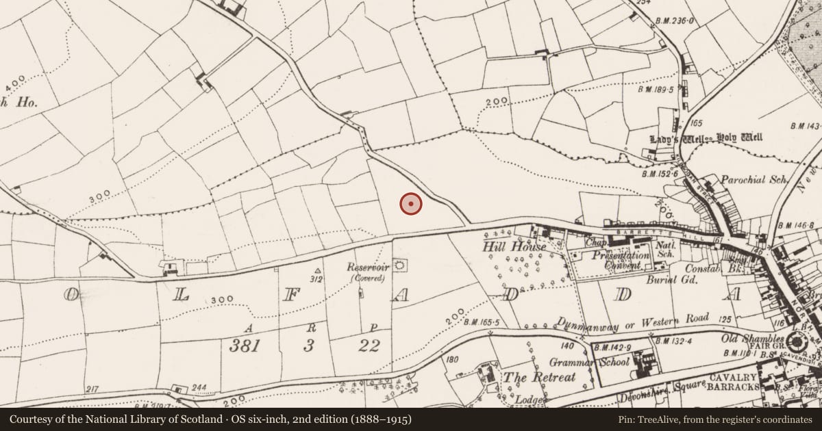 Ordnance Survey six-inch map, 2nd edition (1888–1915) covering the location of Ringfort - rath, Coolfadda, County Cork, with a pin at the register's coordinates