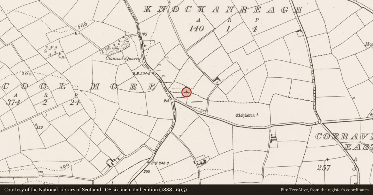 Ordnance Survey six-inch map, 2nd edition (1888–1915) covering the location of Ritual site - holy well, Knockanreagh, County Cork, with a pin at the register's coordinates