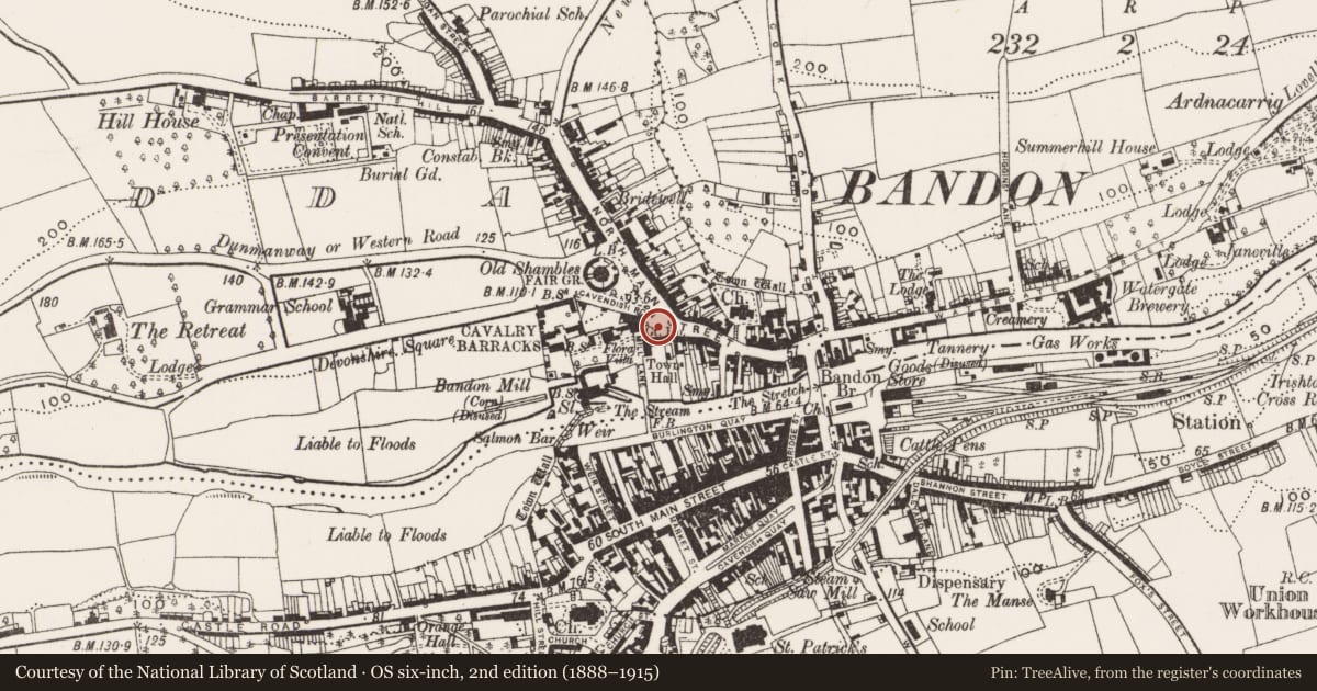 Ordnance Survey six-inch map, 2nd edition (1888–1915) covering the location of Cross - Market cross, Coolfadda, County Cork, with a pin at the register's coordinates