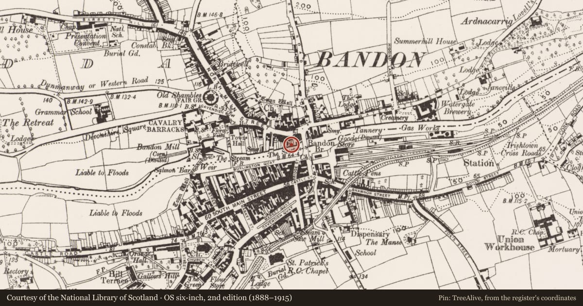 Ordnance Survey six-inch map, 2nd edition (1888–1915) covering the location of Prison, Coolfadda, County Cork, with a pin at the register's coordinates