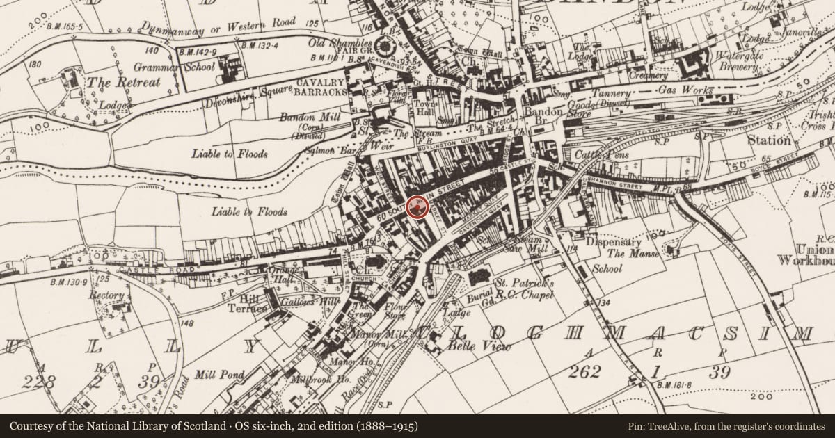 Ordnance Survey six-inch map, 2nd edition (1888–1915) covering the location of Market-house, Gully, County Cork, with a pin at the register's coordinates