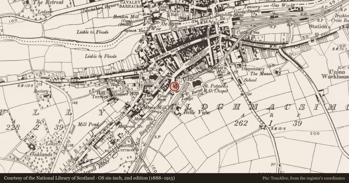 Ordnance Survey six-inch map, 2nd edition (1888–1915) covering the location of Mill - unclassified, Cloghmacsimon, County Cork, with a pin at the register's coordinates