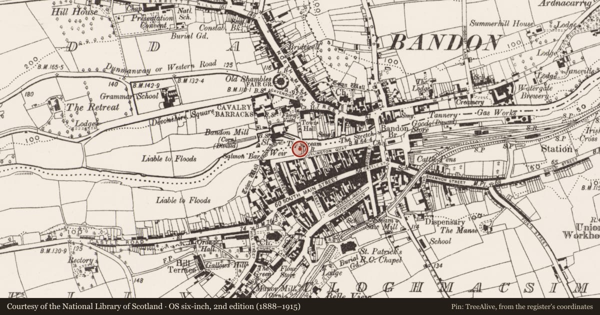 Ordnance Survey six-inch map, 2nd edition (1888–1915) covering the location of Bridge, Coolfadda, Gully, County Cork, with a pin at the register's coordinates