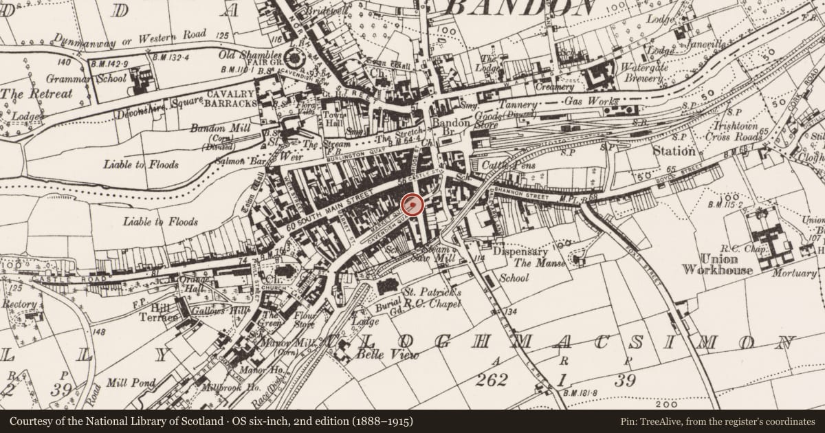 Ordnance Survey six-inch map, 2nd edition (1888–1915) covering the location of Bridge, Gully, County Cork, with a pin at the register's coordinates