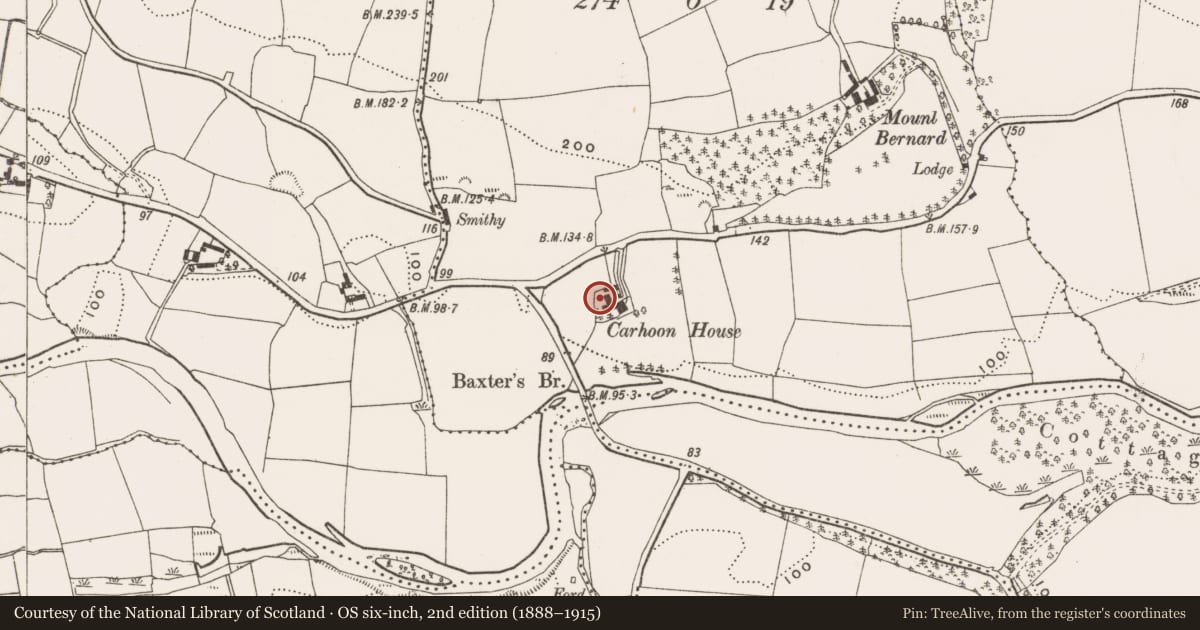 Ordnance Survey six-inch map, 2nd edition (1888–1915) covering the location of Ringfort - rath, Carhoon East, County Cork, with a pin at the register's coordinates