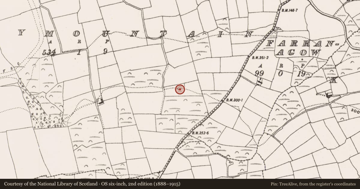 Ordnance Survey six-inch map, 2nd edition (1888–1915) covering the location of Enclosure, Ballymountain, County Cork, with a pin at the register's coordinates