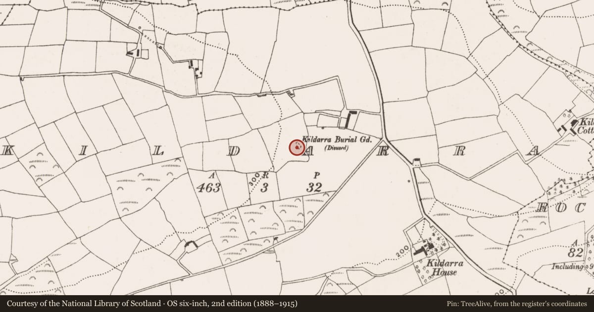 Ordnance Survey six-inch map, 2nd edition (1888–1915) covering the location of Burial ground, Kildarra, County Cork, with a pin at the register's coordinates