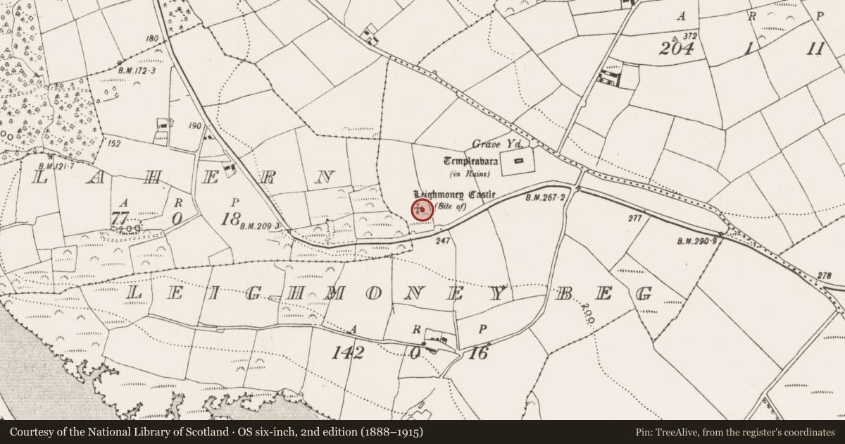 Ordnance Survey six-inch map, 2nd edition (1888–1915) covering the location of Castle - unclassified, Leighmoney Beg, County Cork, with a pin at the register's coordinates