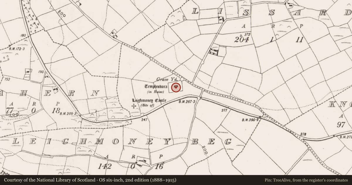 Ordnance Survey six-inch map, 2nd edition (1888–1915) covering the location of Graveyard, Leighmoney Beg, County Cork, with a pin at the register's coordinates