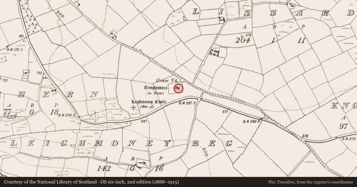 Ordnance Survey six-inch map, 2nd edition (1888–1915) covering the location of Church, Leighmoney Beg, County Cork, with a pin at the register's coordinates