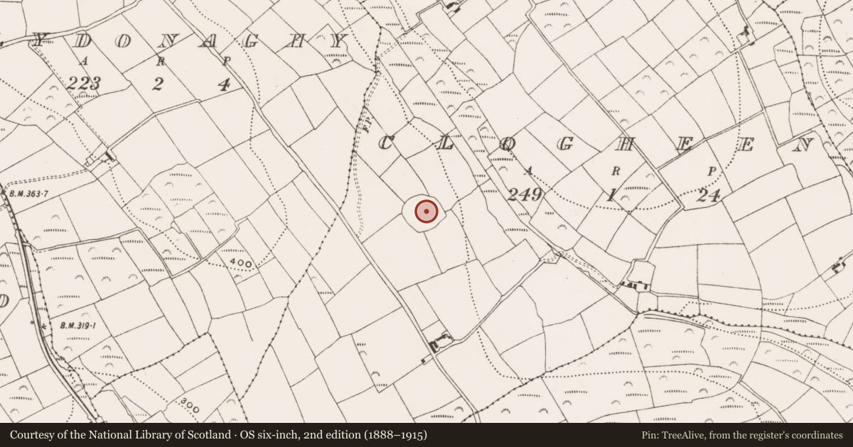 Ordnance Survey six-inch map, 2nd edition (1888–1915) covering the location of Souterrain, Clogheen, County Cork, with a pin at the register's coordinates