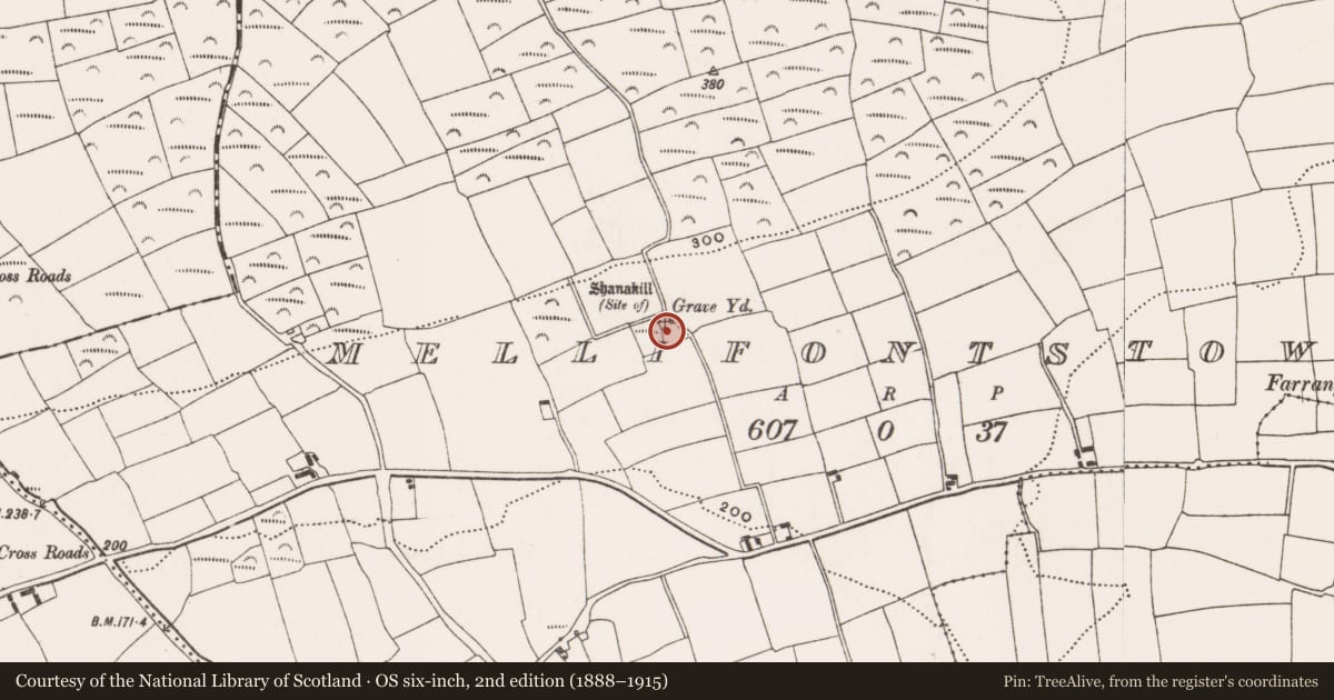 Ordnance Survey six-inch map, 2nd edition (1888–1915) covering the location of Graveyard, Mellifontstown, County Cork, with a pin at the register's coordinates