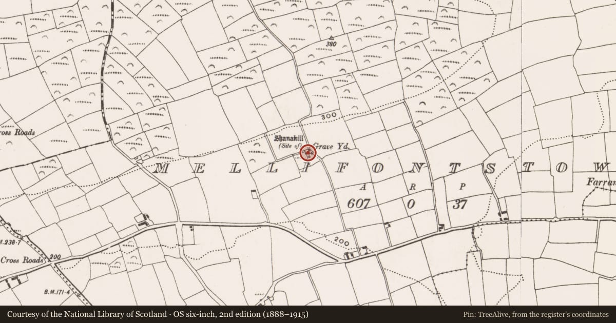 Ordnance Survey six-inch map, 2nd edition (1888–1915) covering the location of Church, Mellifontstown, County Cork, with a pin at the register's coordinates