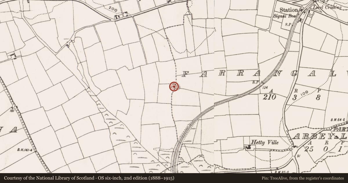 Ordnance Survey six-inch map, 2nd edition (1888–1915) covering the location of Ringfort - rath, Farrangalway, Mellifontstown, County Cork, with a pin at the register's coordinates