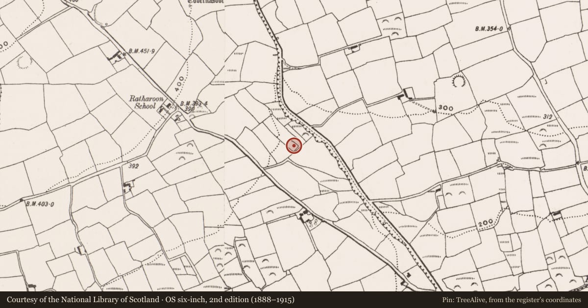 Ordnance Survey six-inch map, 2nd edition (1888–1915) covering the location of Enclosure, Ratharoon East, County Cork, with a pin at the register's coordinates