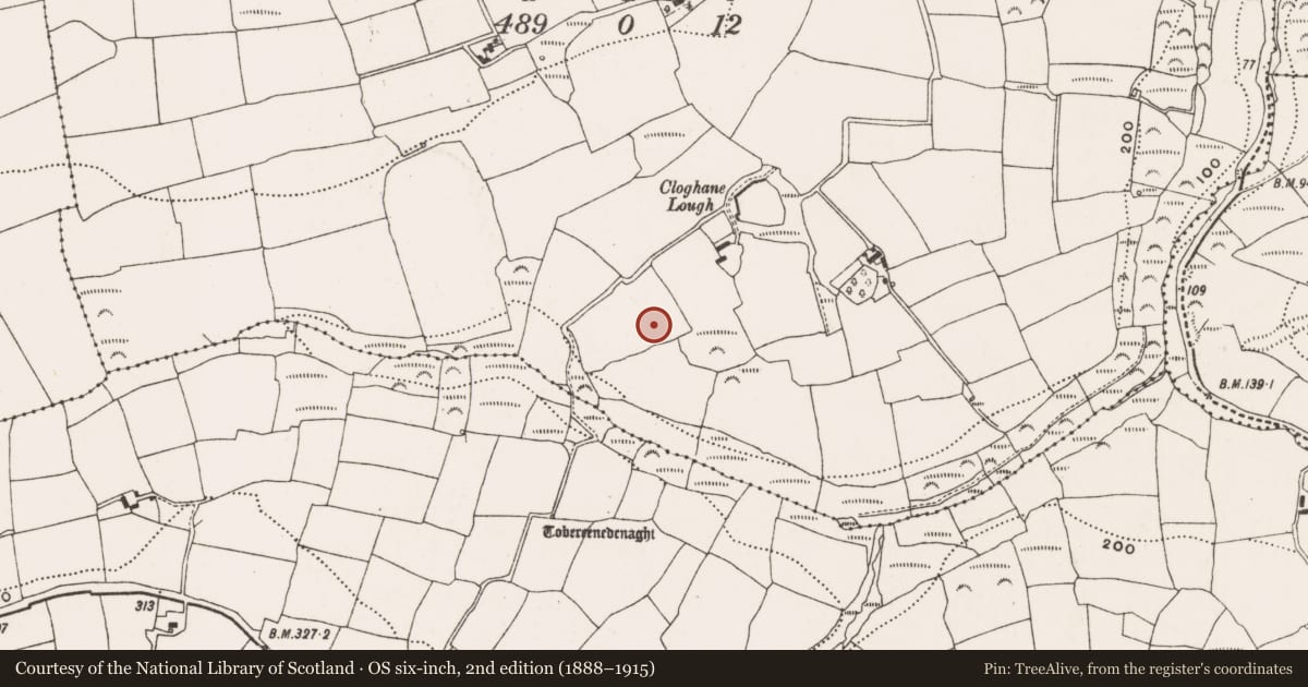 Ordnance Survey six-inch map, 2nd edition (1888–1915) covering the location of Ritual site - holy well, Cloghane, County Cork, with a pin at the register's coordinates