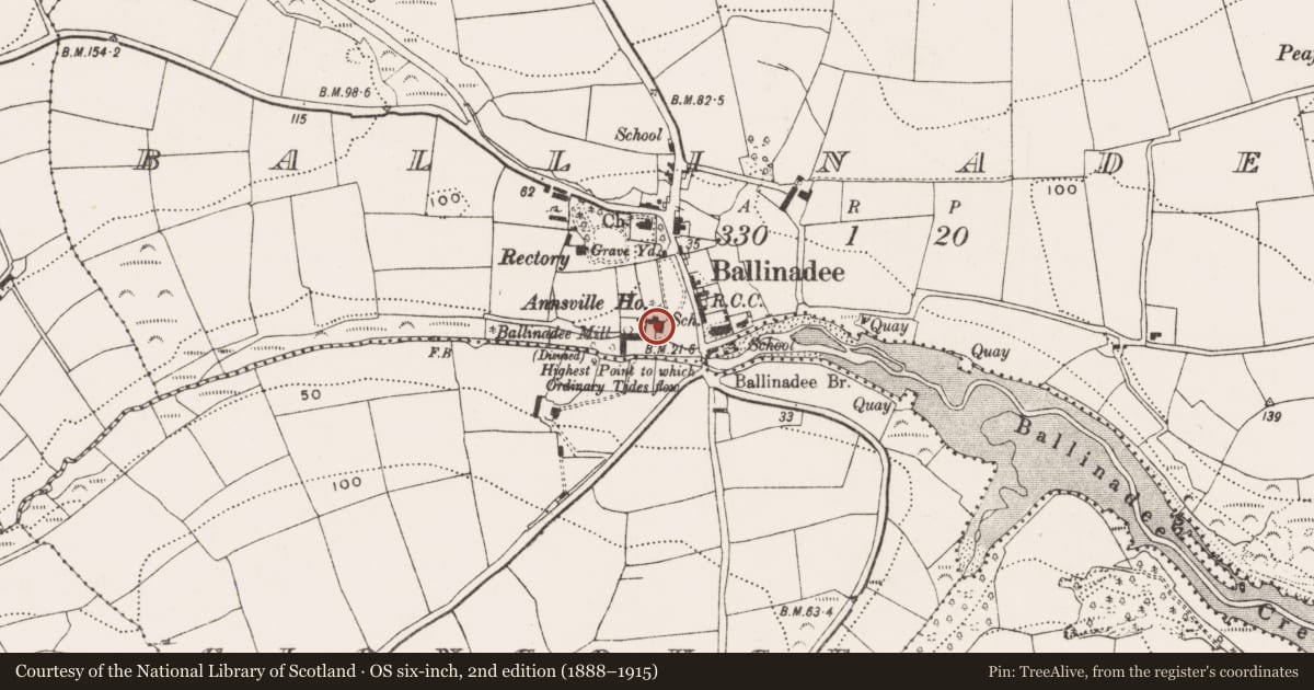 Ordnance Survey six-inch map, 2nd edition (1888–1915) covering the location of Country house, Ballinadee, County Cork, with a pin at the register's coordinates