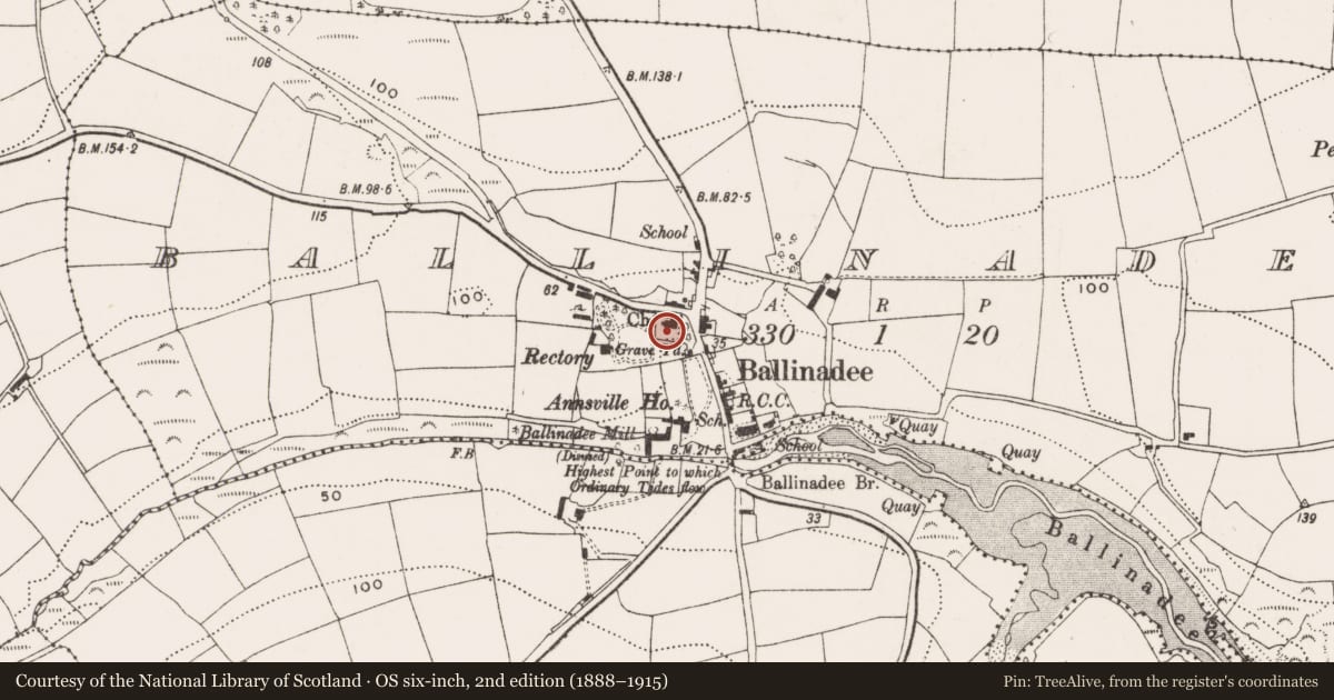 Ordnance Survey six-inch map, 2nd edition (1888–1915) covering the location of Graveyard, Ballinadee, County Cork, with a pin at the register's coordinates