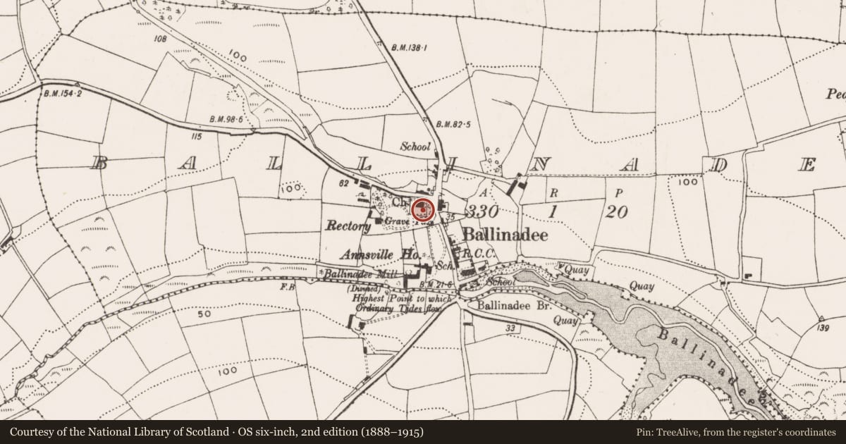 Ordnance Survey six-inch map, 2nd edition (1888–1915) covering the location of Church, Ballinadee, County Cork, with a pin at the register's coordinates