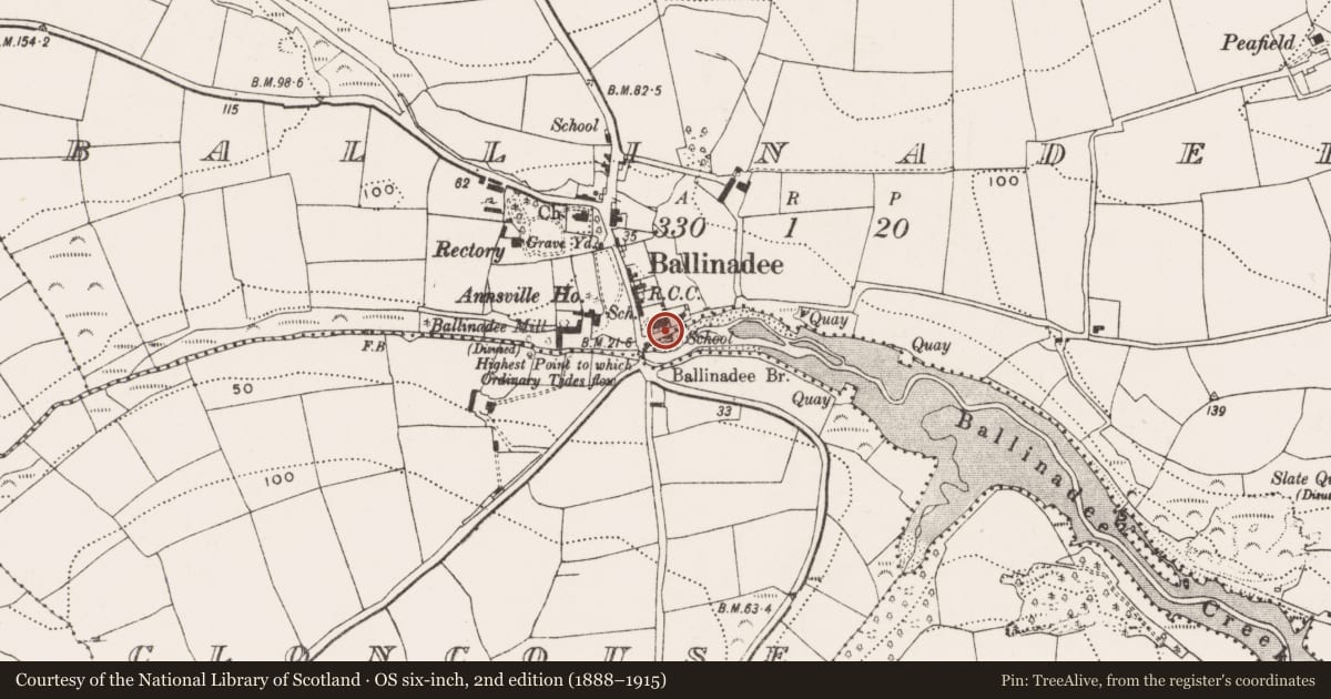 Ordnance Survey six-inch map, 2nd edition (1888–1915) covering the location of Church, Ballinadee, County Cork, with a pin at the register's coordinates