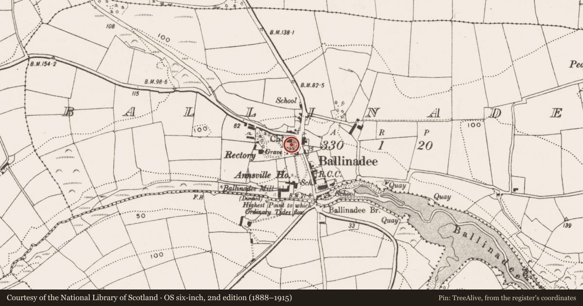 Ordnance Survey six-inch map, 2nd edition (1888–1915) covering the location of Church, Ballinadee, County Cork, with a pin at the register's coordinates