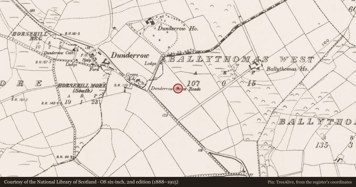 Ordnance Survey six-inch map, 2nd edition (1888–1915) covering the location of Souterrain, Ballythomas West, County Cork, with a pin at the register's coordinates
