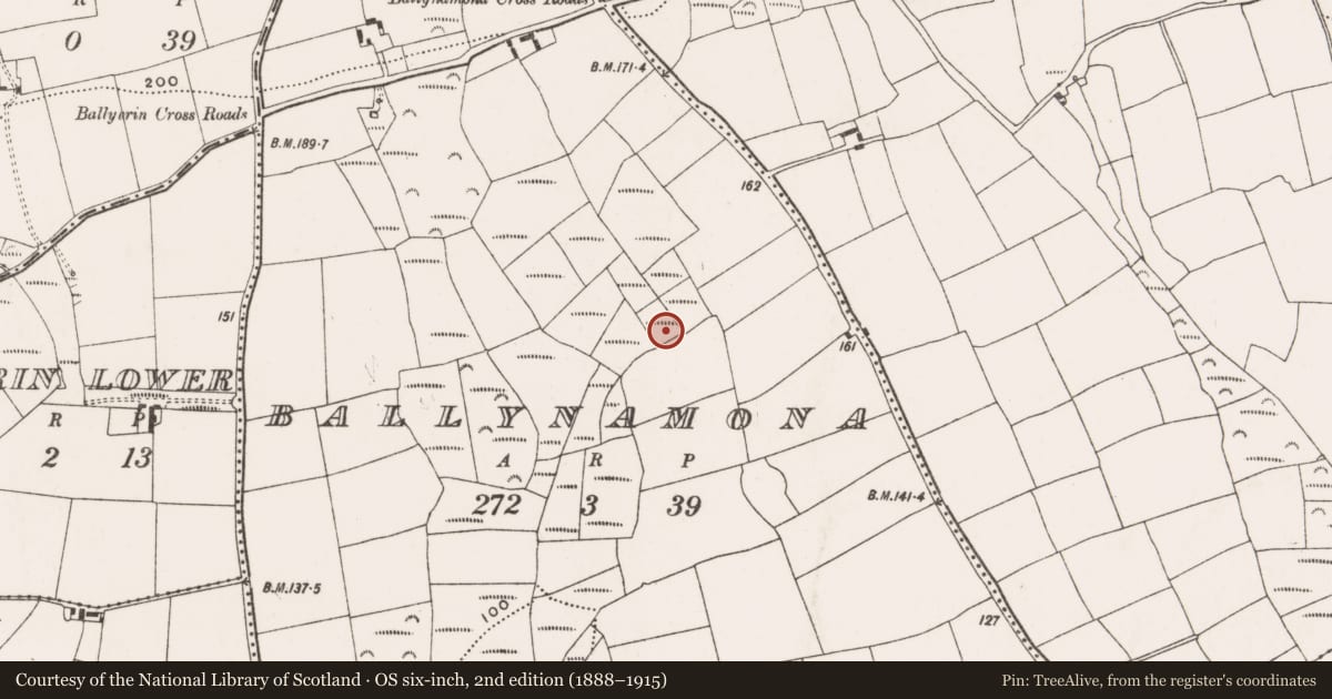 Ordnance Survey six-inch map, 2nd edition (1888–1915) covering the location of Enclosure, Ballynamona, County Cork, with a pin at the register's coordinates