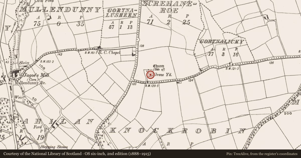 Ordnance Survey six-inch map, 2nd edition (1888–1915) covering the location of Graveyard, Screhaneroe, County Cork, with a pin at the register's coordinates