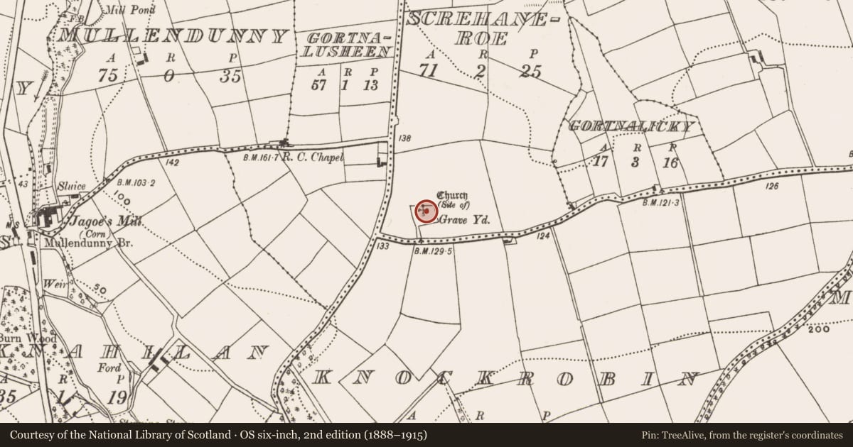 Ordnance Survey six-inch map, 2nd edition (1888–1915) covering the location of Church, Screhaneroe, County Cork, with a pin at the register's coordinates