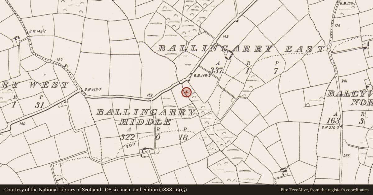 Ordnance Survey six-inch map, 2nd edition (1888–1915) covering the location of Mound, Ballingarry East, County Cork, with a pin at the register's coordinates