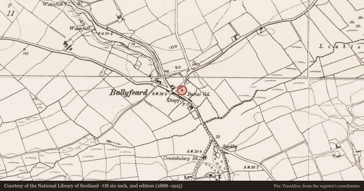 Ordnance Survey six-inch map, 2nd edition (1888–1915) covering the location of Graveyard, Ballinluig West, County Cork, with a pin at the register's coordinates