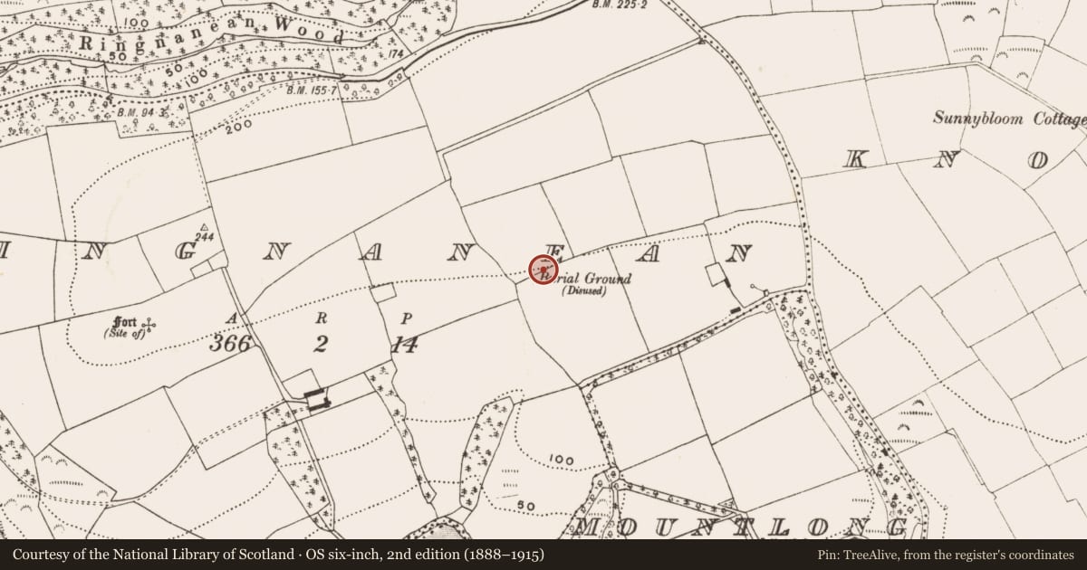 Ordnance Survey six-inch map, 2nd edition (1888–1915) covering the location of Burial ground, Ringnanean, County Cork, with a pin at the register's coordinates