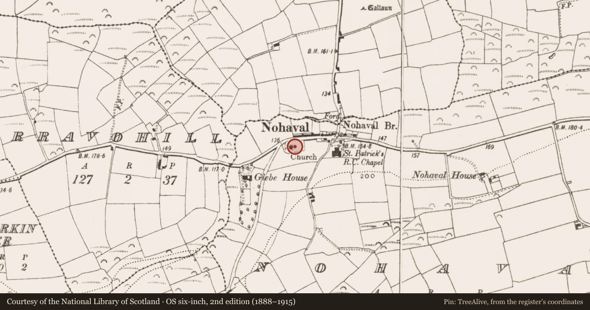 Ordnance Survey six-inch map, 2nd edition (1888–1915) covering the location of Graveyard, Nohaval, County Cork, with a pin at the register's coordinates