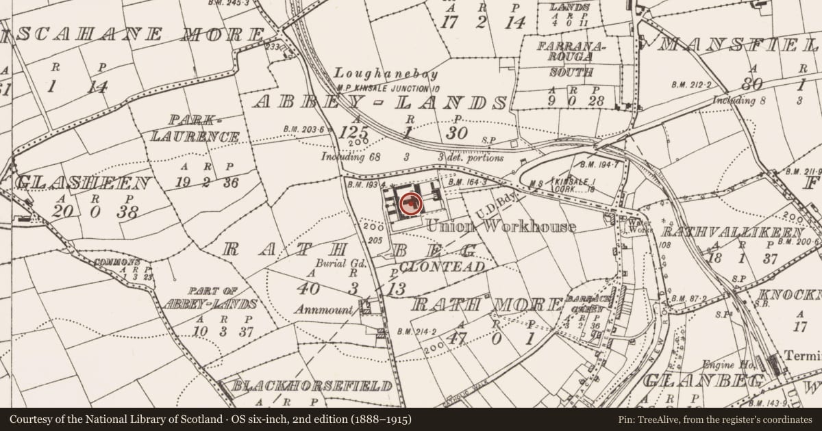 Ordnance Survey six-inch map, 2nd edition (1888–1915) covering the location of Workhouse, Rathbeg, County Cork, with a pin at the register's coordinates
