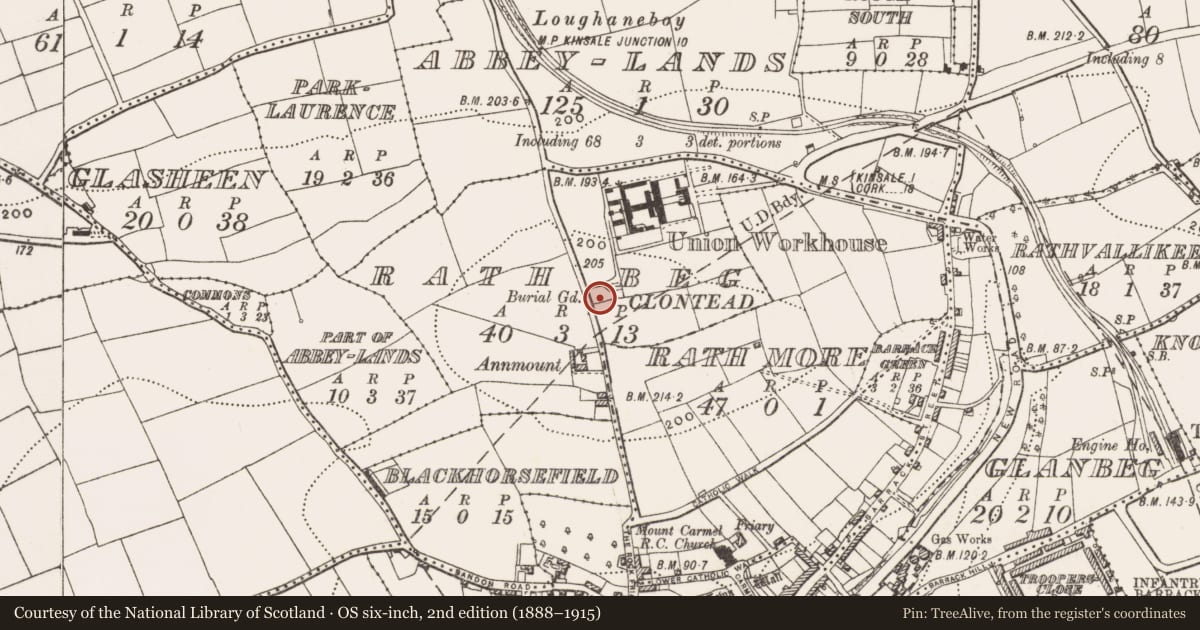 Ordnance Survey six-inch map, 2nd edition (1888–1915) covering the location of Burial ground, Rathbeg, County Cork, with a pin at the register's coordinates