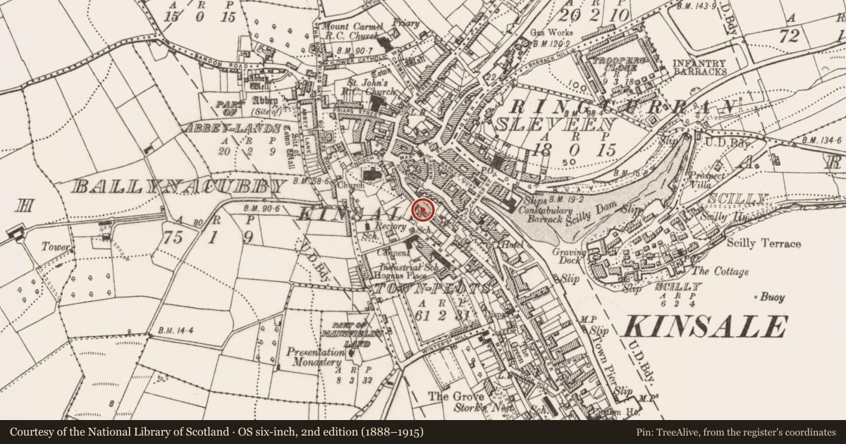 Ordnance Survey six-inch map, 2nd edition (1888–1915) covering the location of Town defences, County Cork, with a pin at the register's coordinates